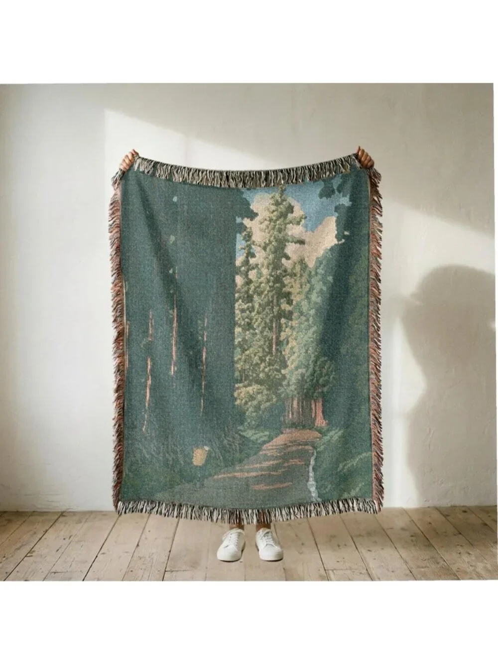 Vintage Green Japanese Landscape Woven Blanket – Nikko Kaido by Kawase Hasui